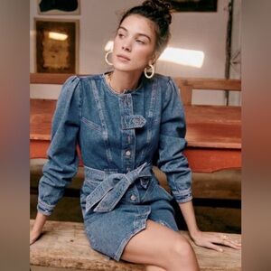 Sezane Cherine Long Sleeve Cotton Denim Dress Sz 12 EUC Utilitarian French Girl
